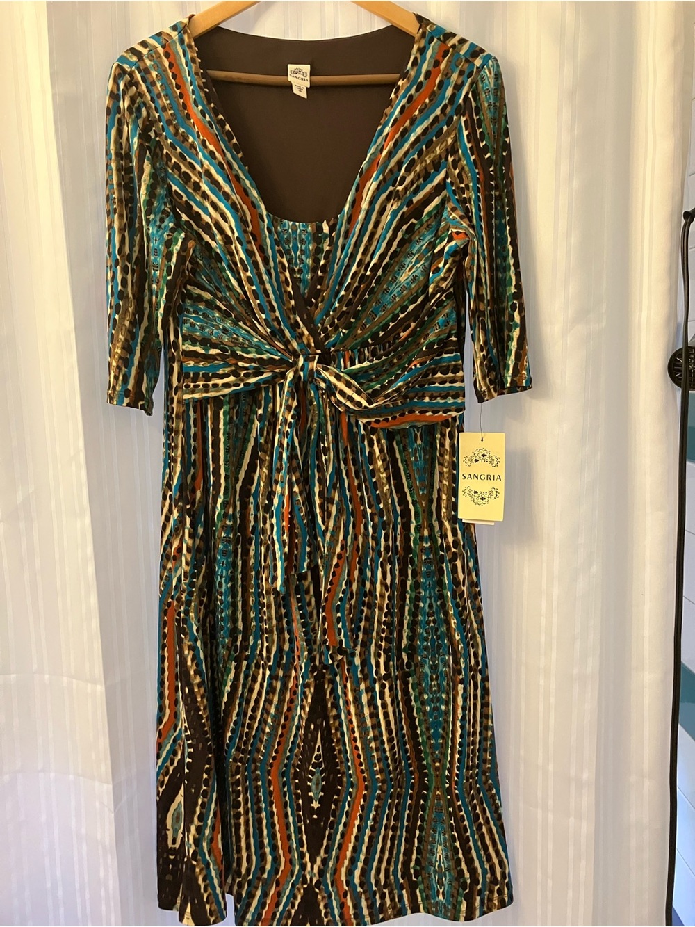 Sangria Teal & Brown Patterned Knot-Front Women's Dress NWT